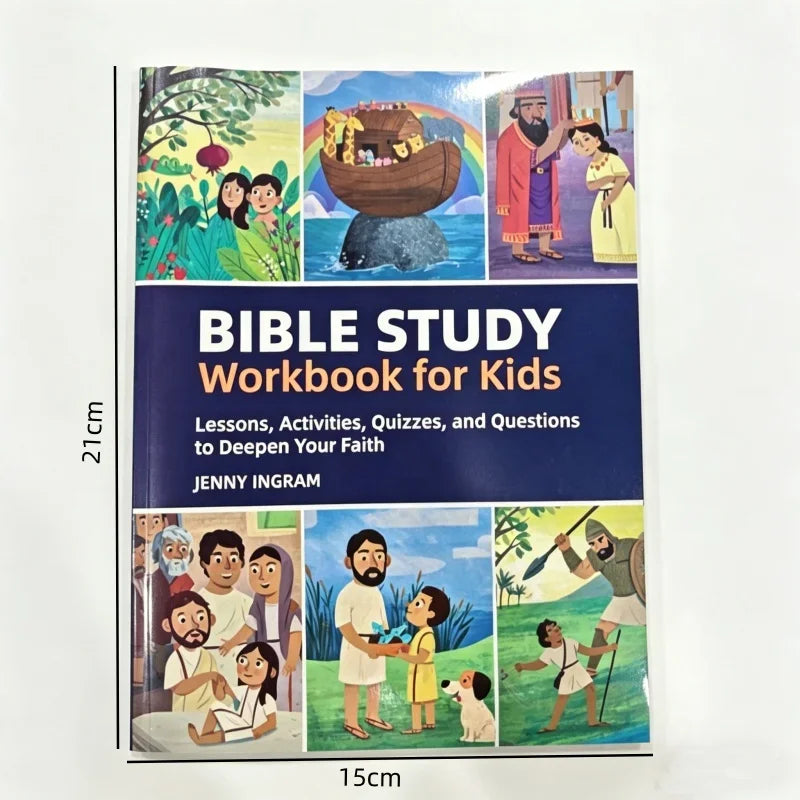 Bible study workbook for kids with dimensions labeled on the side