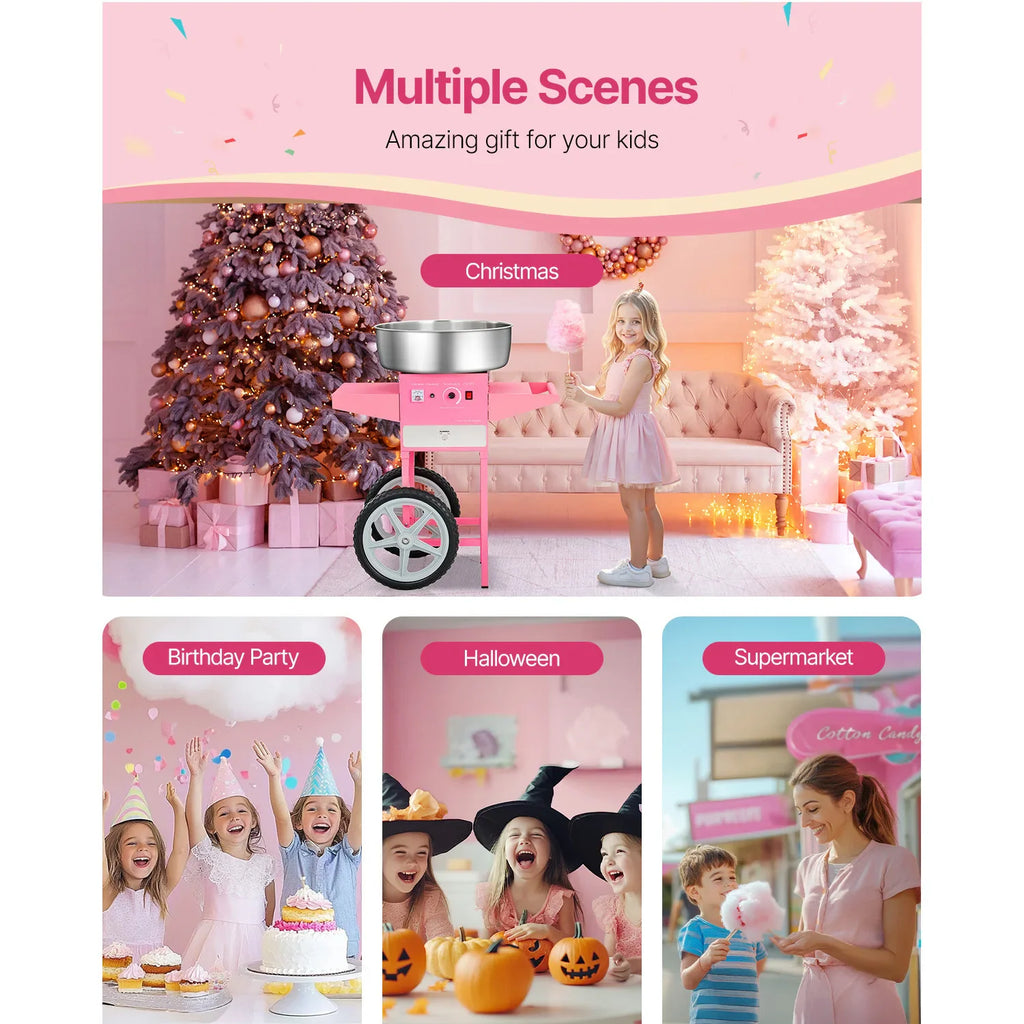 A pink cotton candy machine shown in various settings like a birthday party and holiday events