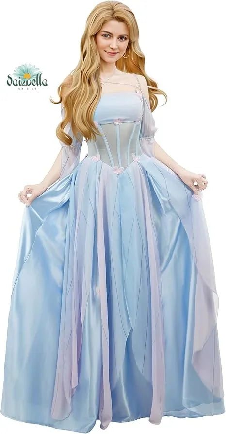 Woman wearing a blue butterfly fairy style long dress with off-shoulder sleeves