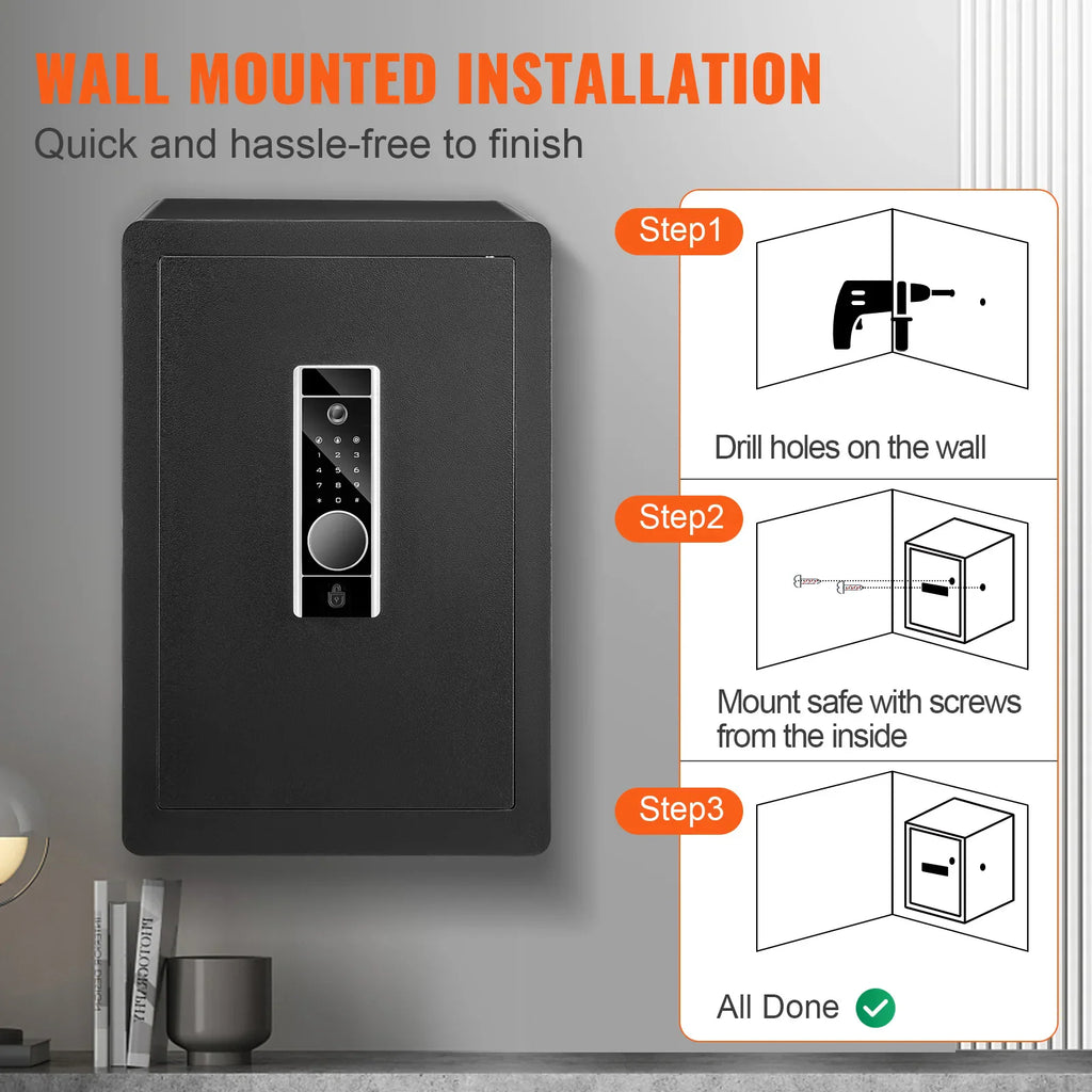 Step-by-step installation instructions for mounting a security safe to a wall.