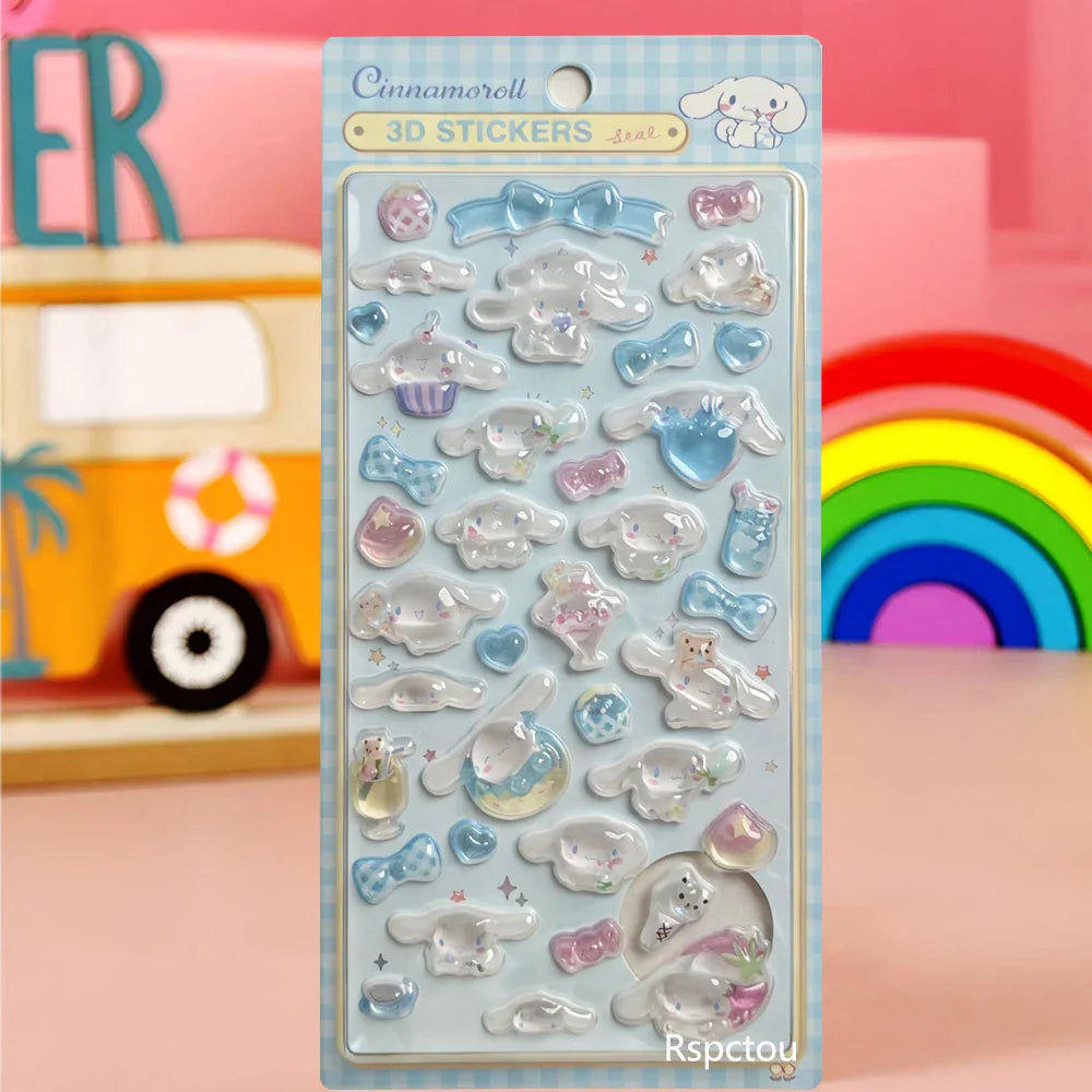 A sheet of 3D light blue cartoon character stickers with clouds and bows.