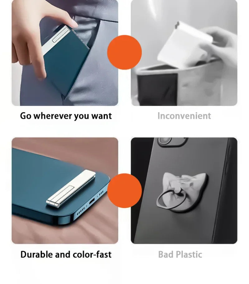 Comparative product demonstration showing a portable foldable phone stand versus a bulky phone grip.