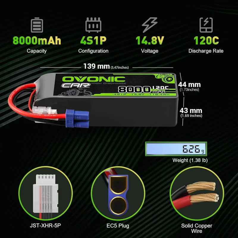 Technical specifications and dimensions for a 4S 8000mAh 14.8V 120C RC battery.