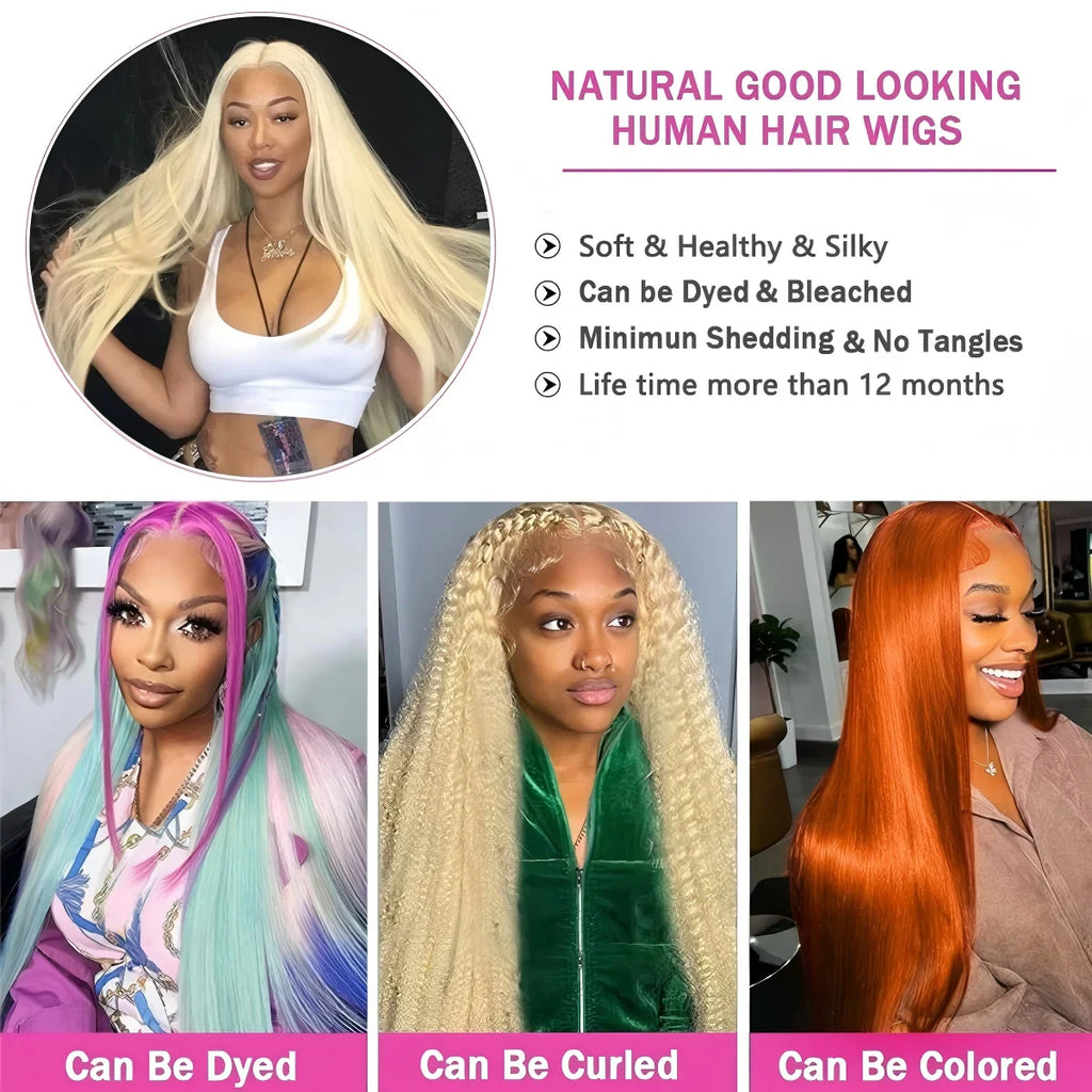 Human hair wig variations in multiple colors with promotional text