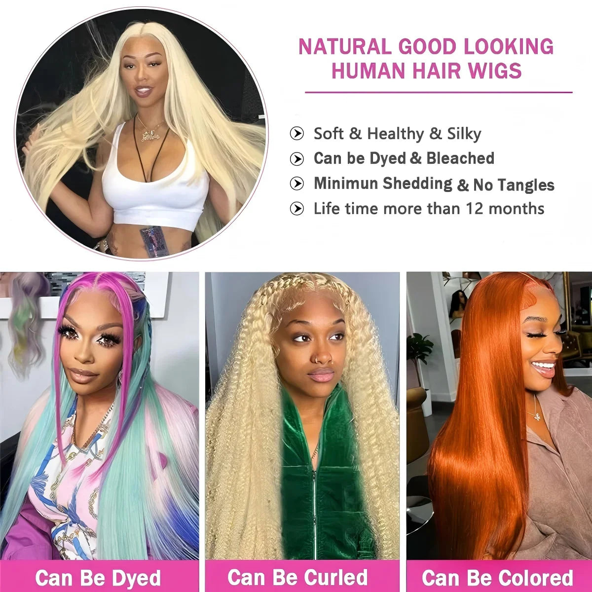 Human hair wig variations in multiple colors with promotional text