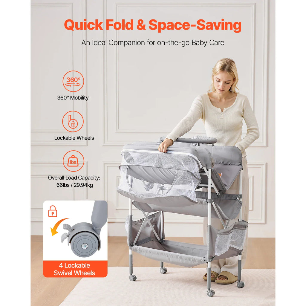 Woman folding a grey baby changing table with lockable wheels