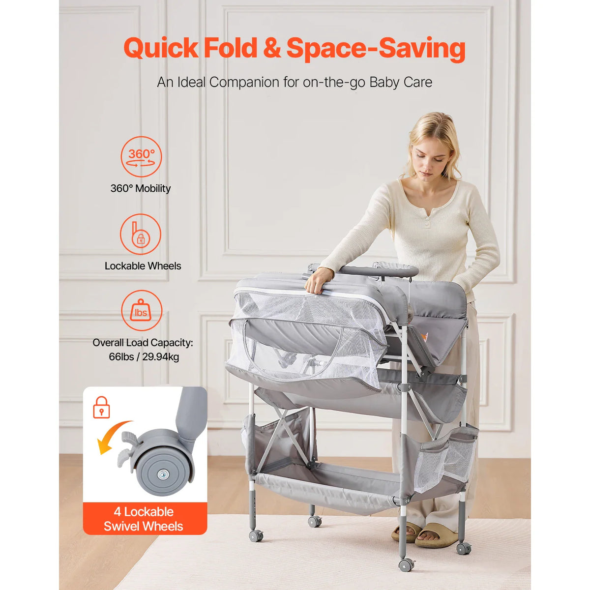 Woman folding a grey baby changing table with lockable wheels