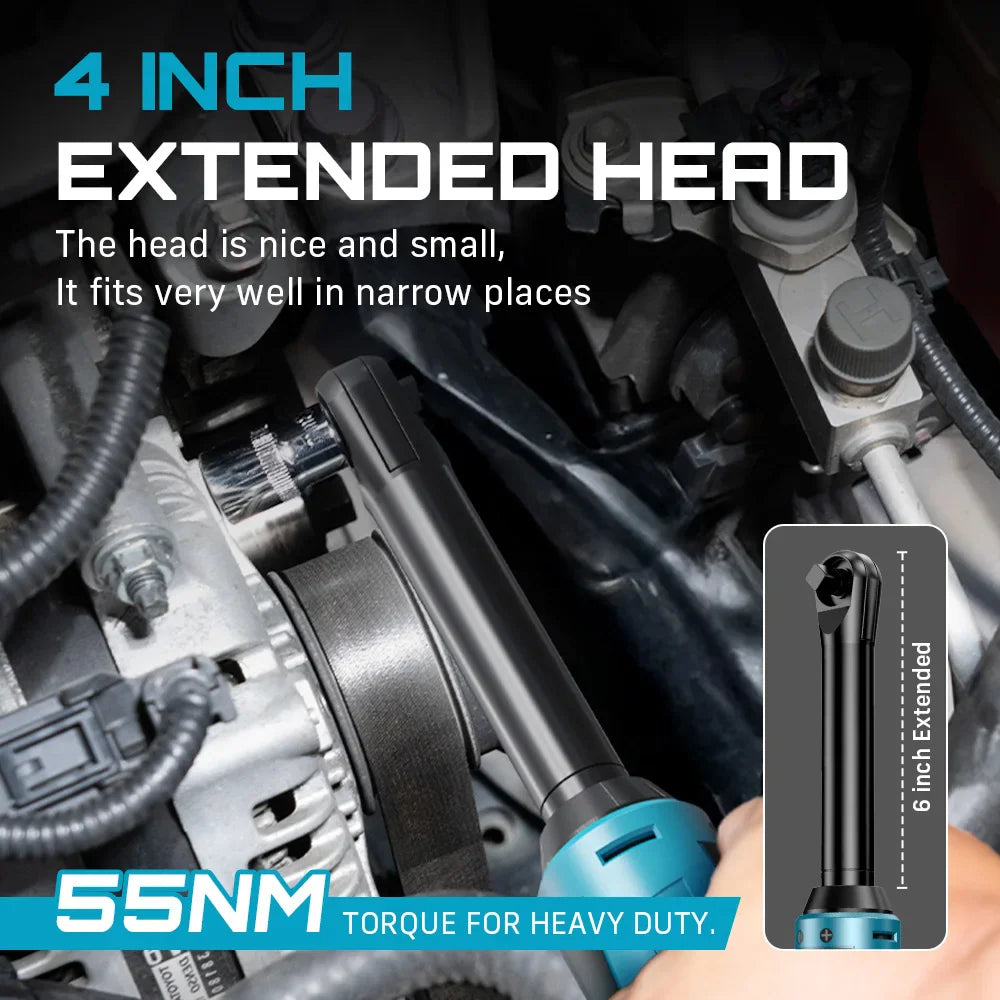 Extended head cordless ratchet wrench being used to tighten bolts in an engine bay.