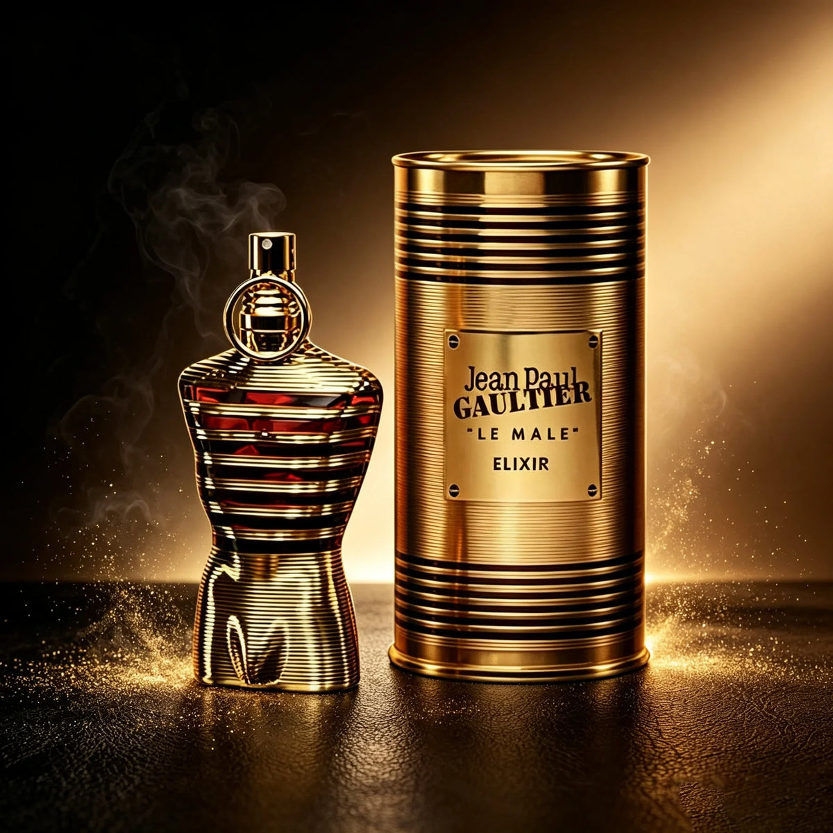 Gold striped male torso shaped perfume bottle and matching gold metal canister with smoke effect