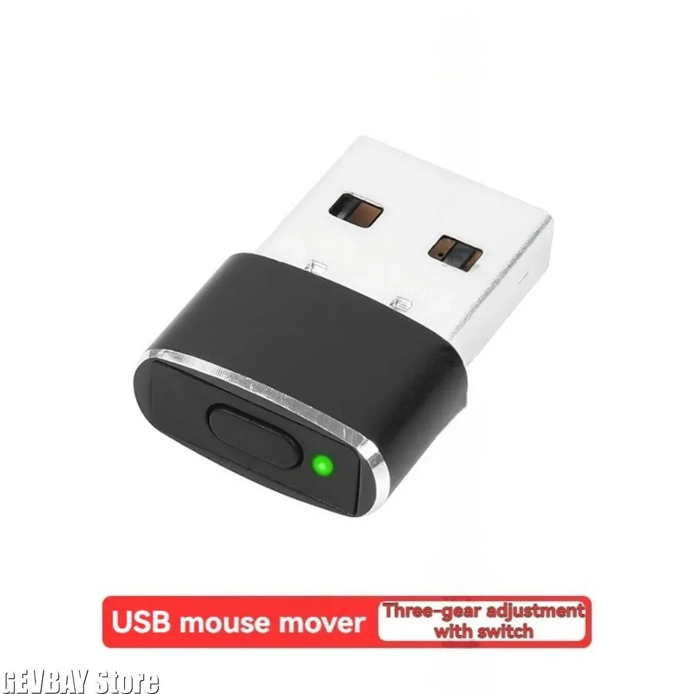 A USB mouse jiggler device with a power button and status light, black and metallic silver.
