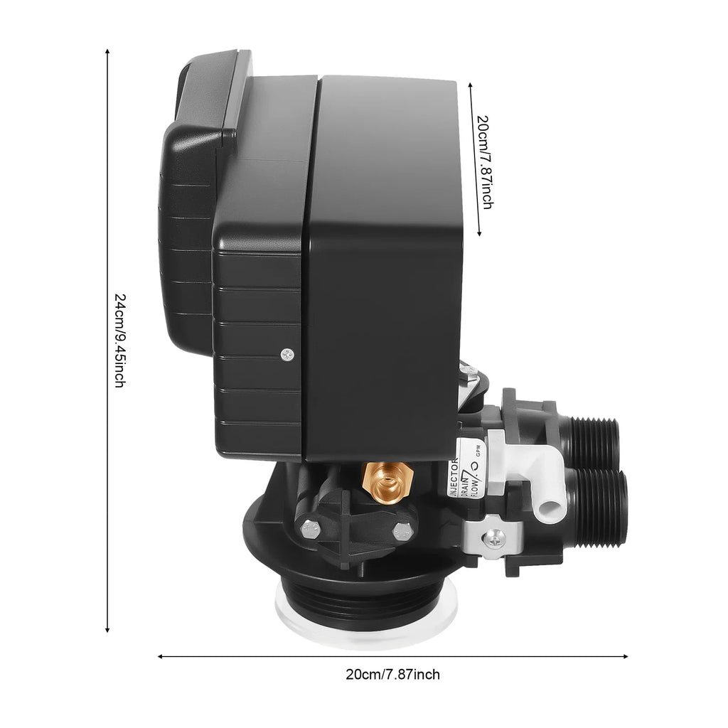 Digital water softener control valve showing physical dimensions in centimeters and inches