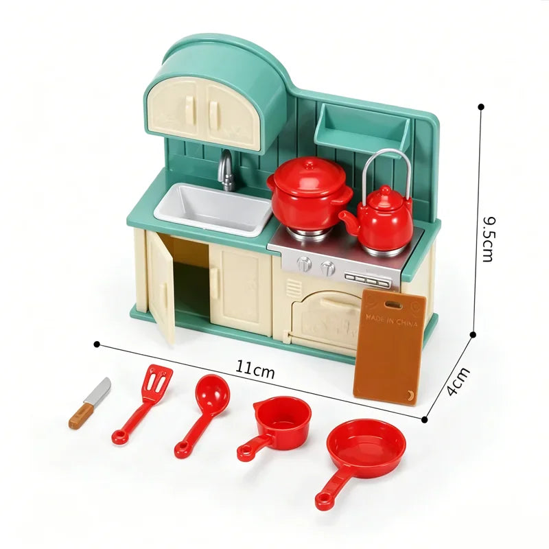 Miniature kitchen unit with cookware and utensils for dollhouses with measurement labels.
