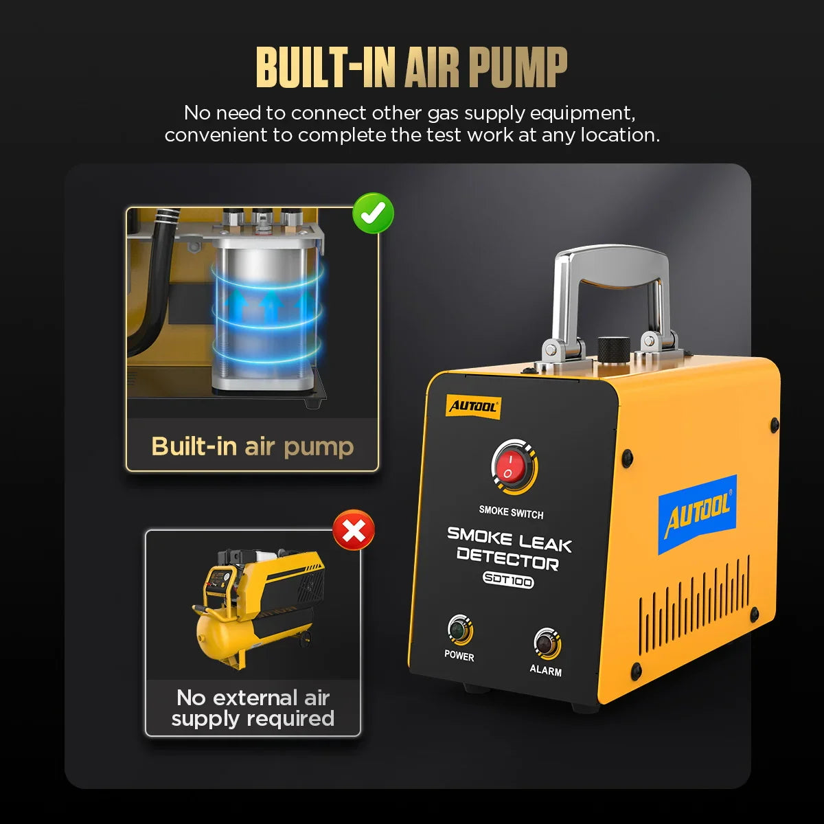 Automotive smoke leak detector with built-in air pump and diagram showing no external air supply needed