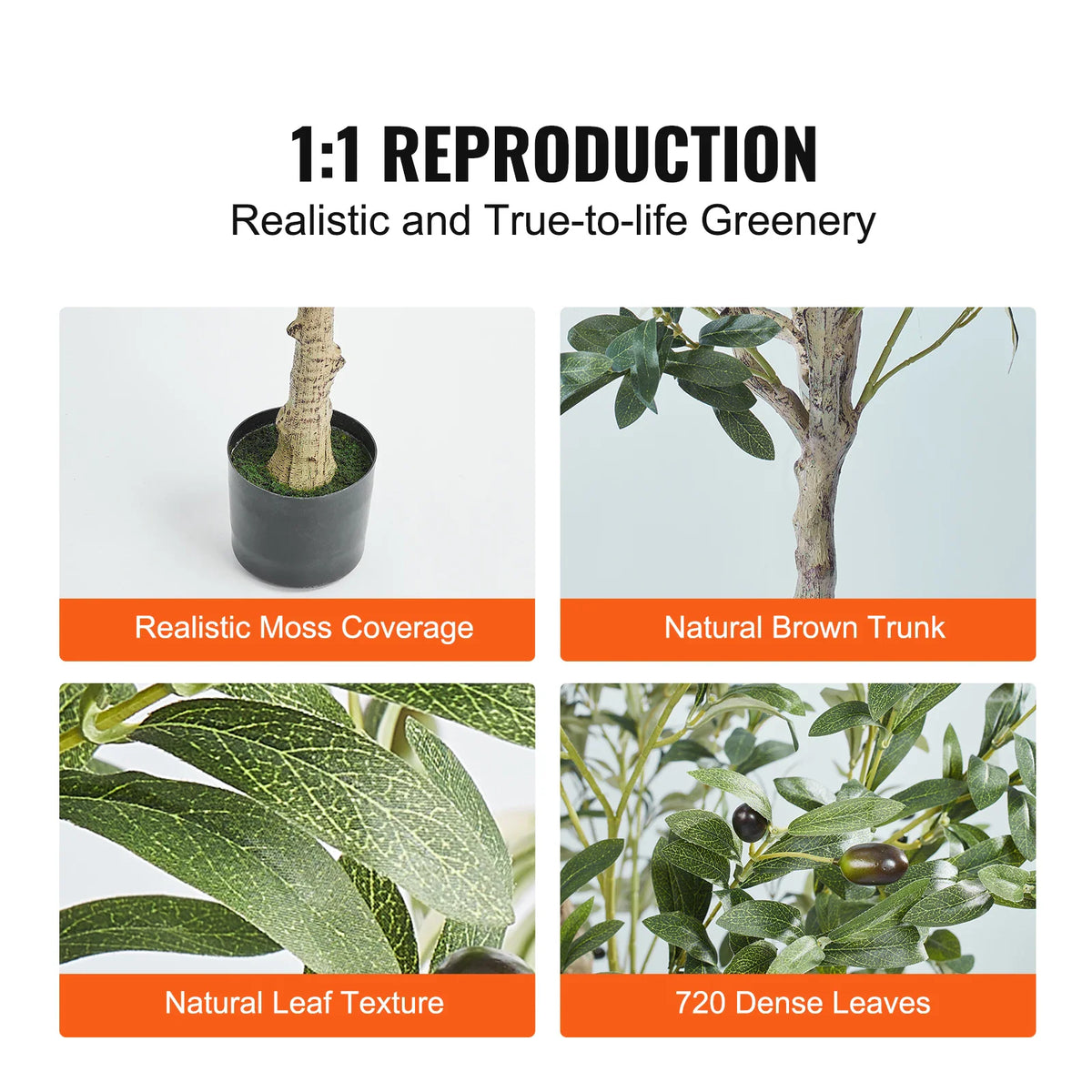 Details of an artificial olive tree including the mossy pot, trunk, leaves, and overall density.