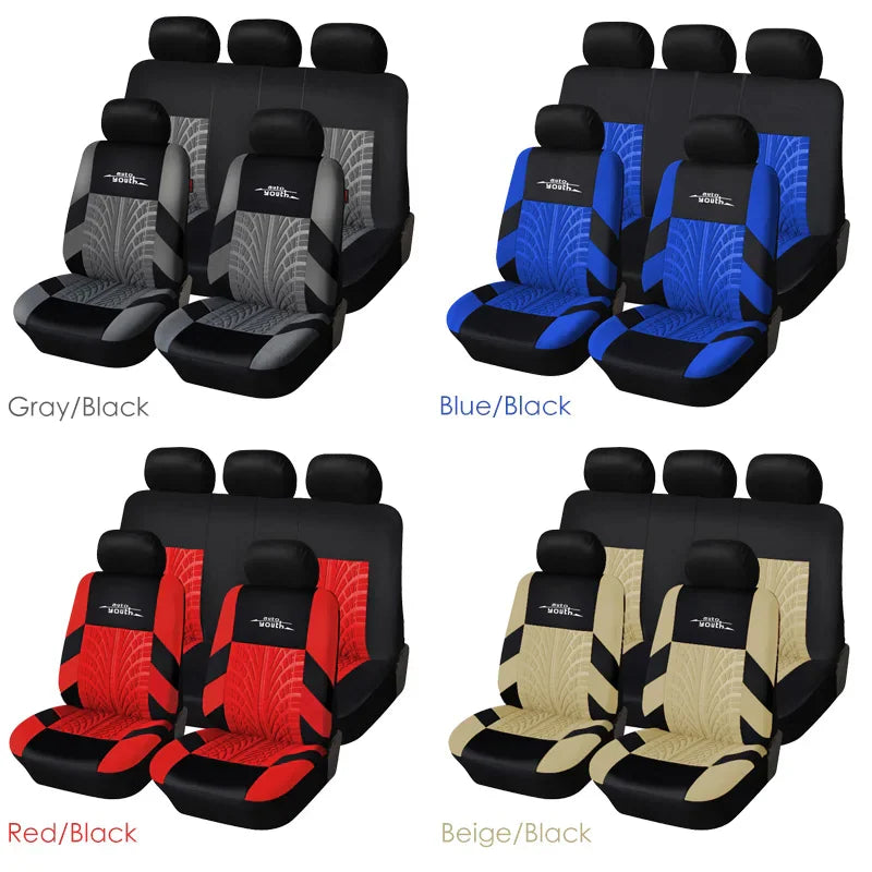 Set of four car seat cover colors with tire track detail and branding