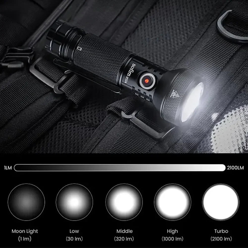 Black LED flashlight showing light intensity settings from moonlight to turbo