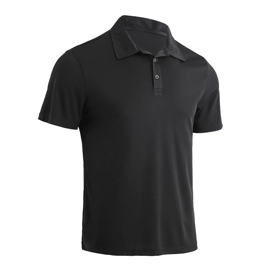 A solid black men's short-sleeved polo shirt.