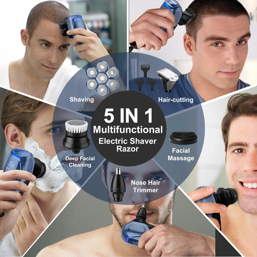 5-in-1 electric grooming kit showing various attachments for shaving, trimming, and facial massage