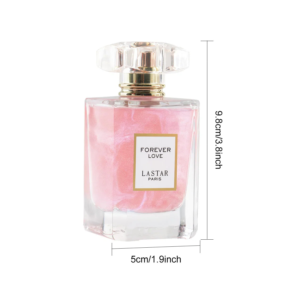 Pink women's perfume bottle with overlaid dimension labels in centimeters and inches
