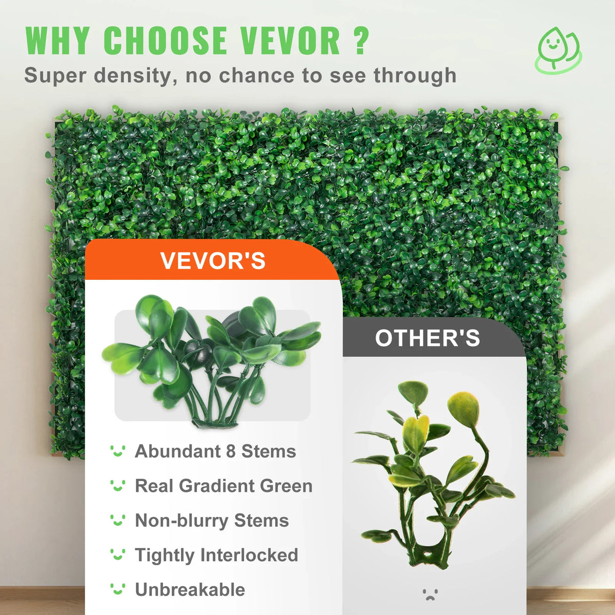 Comparison between dense artificial boxwood leaves and lower quality thinner options