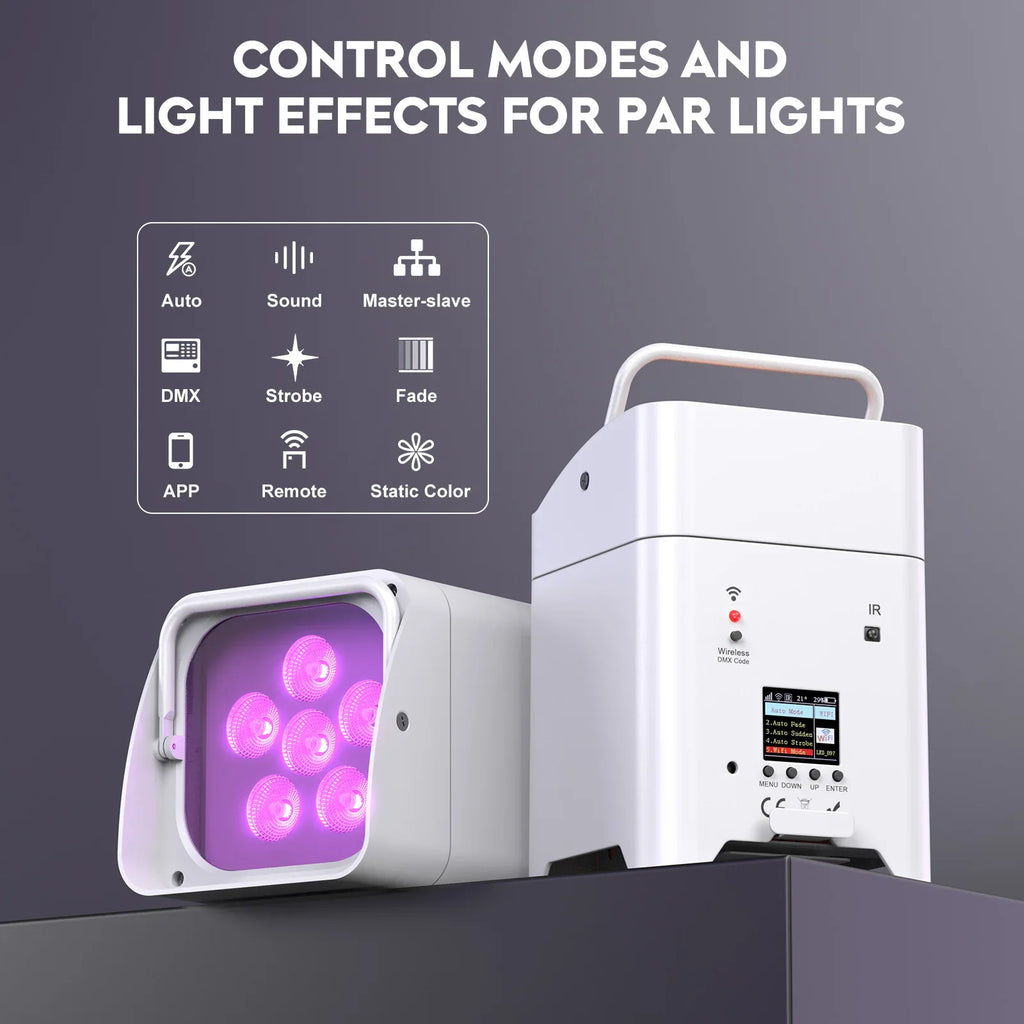 White rechargeable wireless LED par stage light with icons showing various control modes