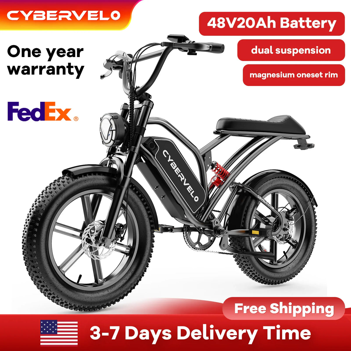 Black electric bike with fat tires and dual suspension, side profile view.