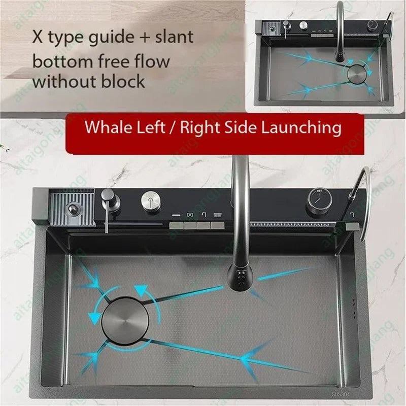 Large rectangular stainless steel kitchen sink with digital display and integrated faucet – view 2