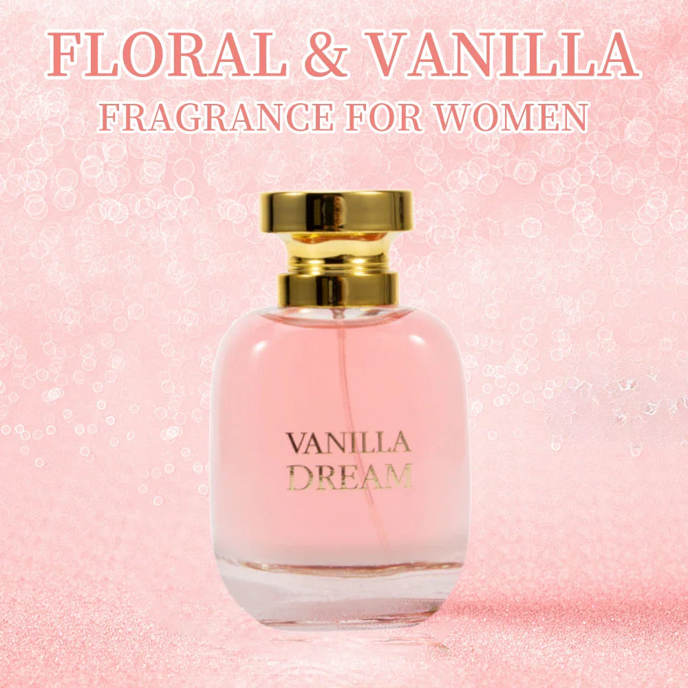Vanilla Dream floral and vanilla eau de parfum for women in a glass bottle with gold cap on a pink background