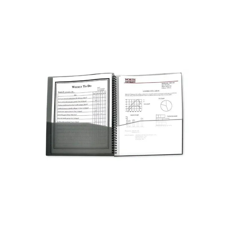 Open smoke-colored plastic spiral-bound portfolio showing documents with a to-do list and university course syllabus