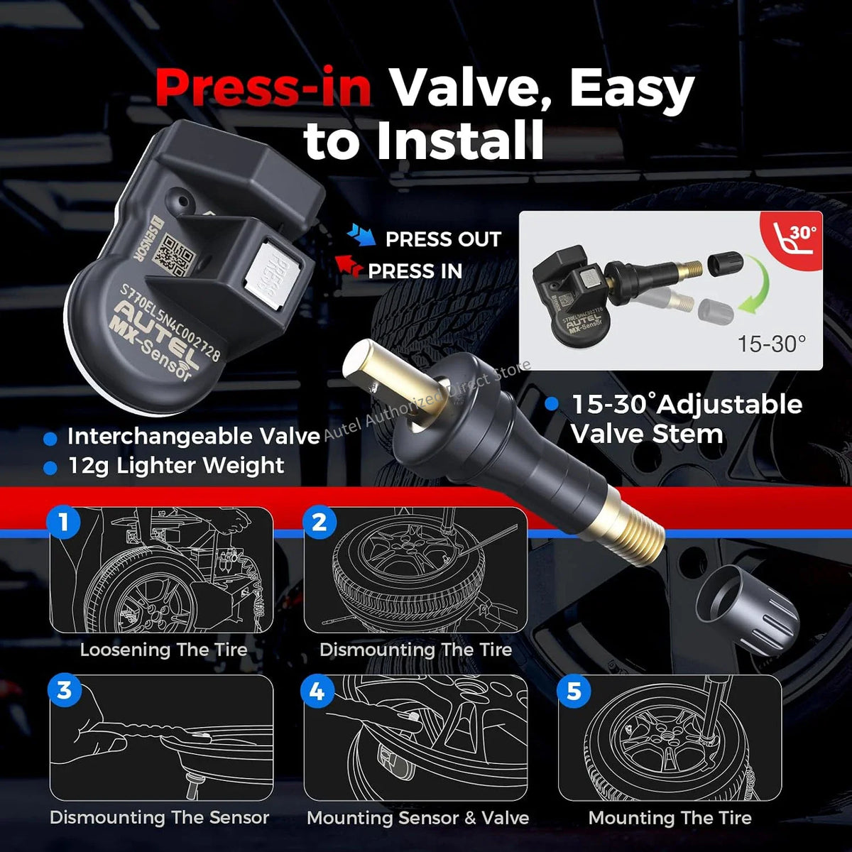 Diagram showing the installation steps for a press-in tire pressure monitoring valve stem