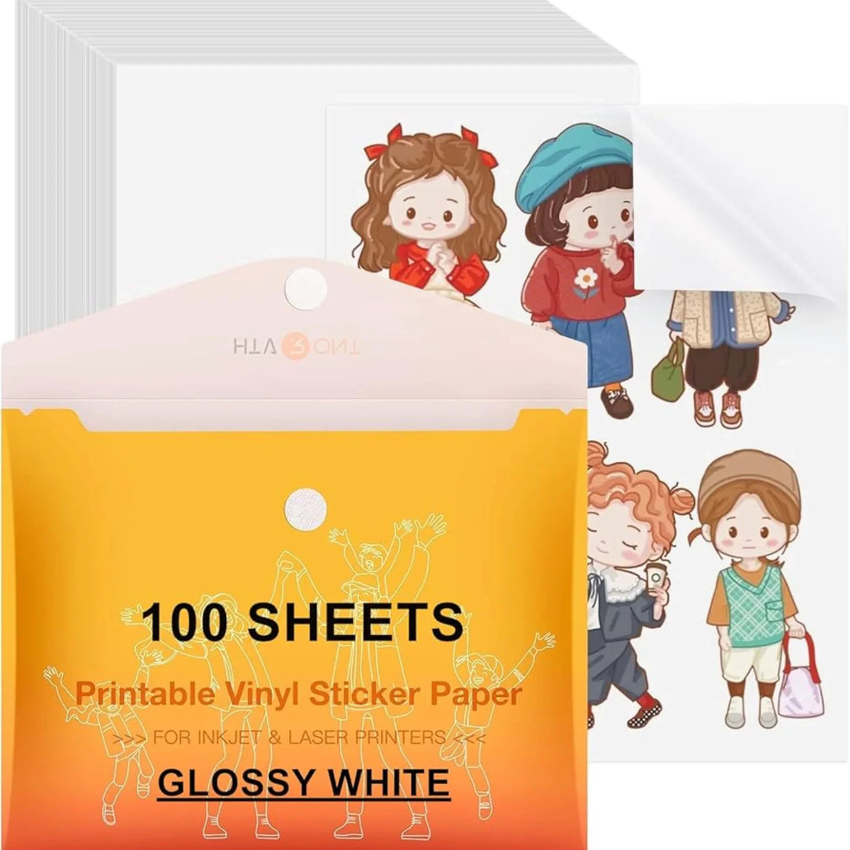 A pack of 100 sheets of glossy white printable vinyl sticker paper with cartoon girl stickers