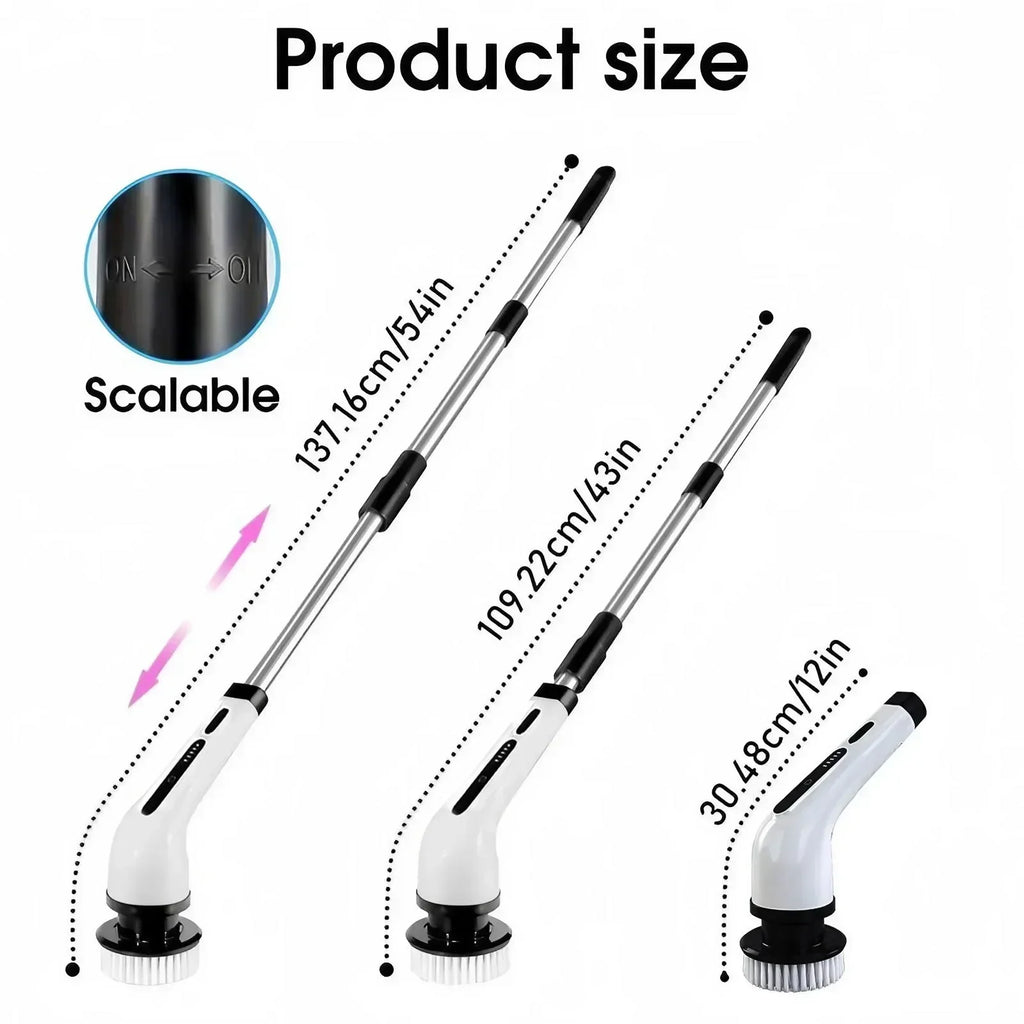 Diagram showing the adjustable size and telescopic handle length of an electric cleaning brush