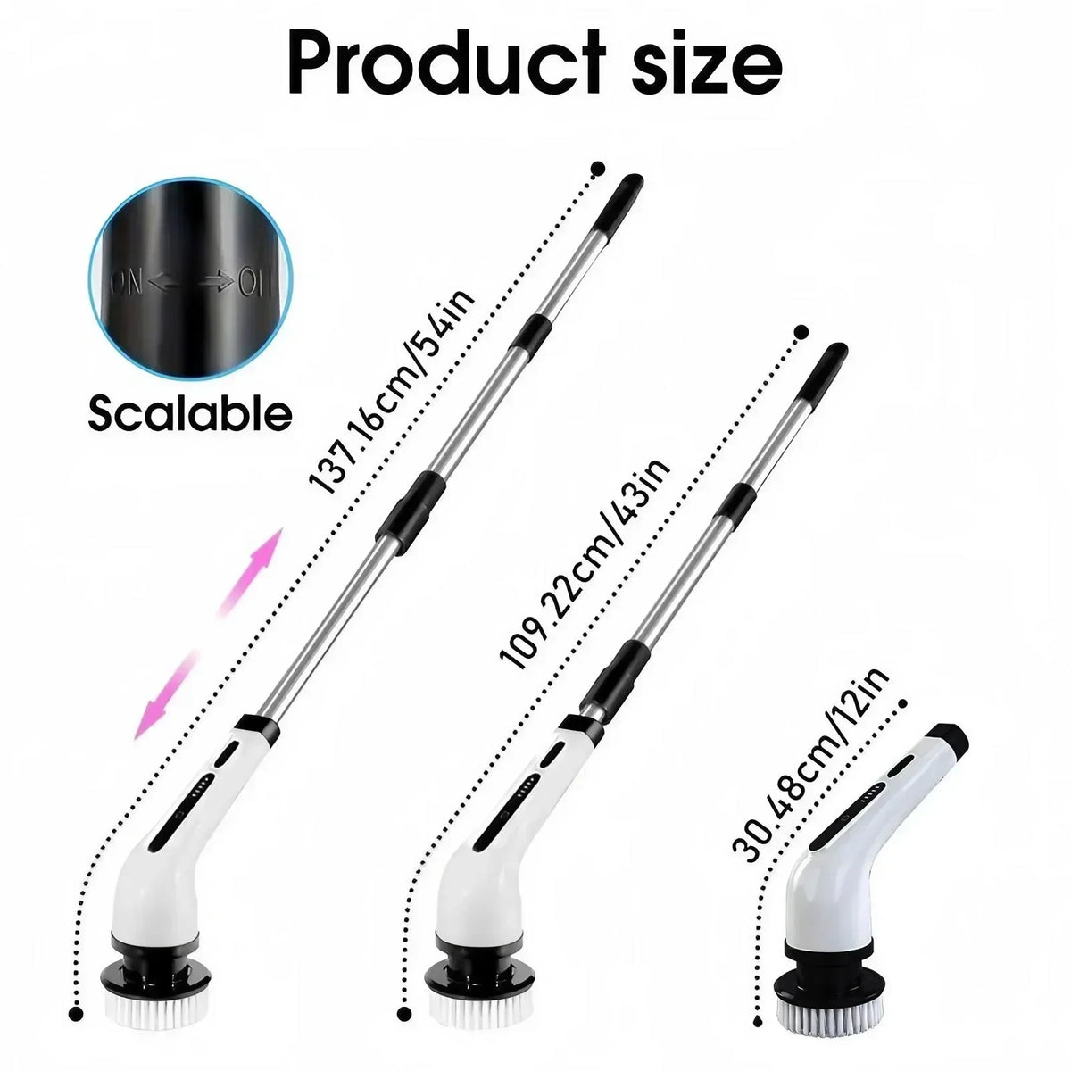 Diagram showing the adjustable size and telescopic handle length of an electric cleaning brush