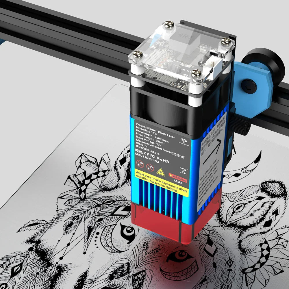 Close-up of a blue and black laser engraving module head mounted on a machine rail