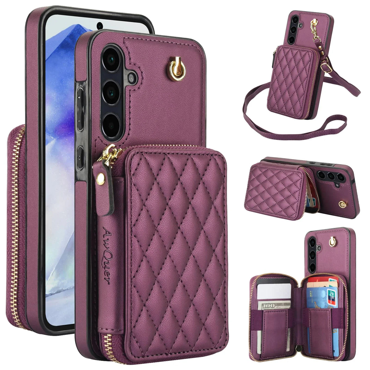 Purple quilted wallet phone case with crossbody strap and card holder