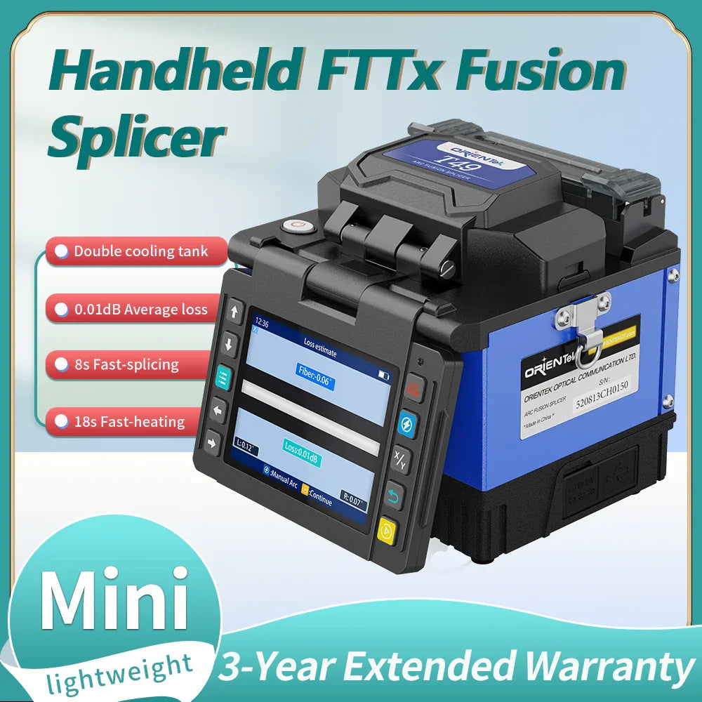 Handheld fiber optic fusion splicer with display screen showing settings and technical specifications
