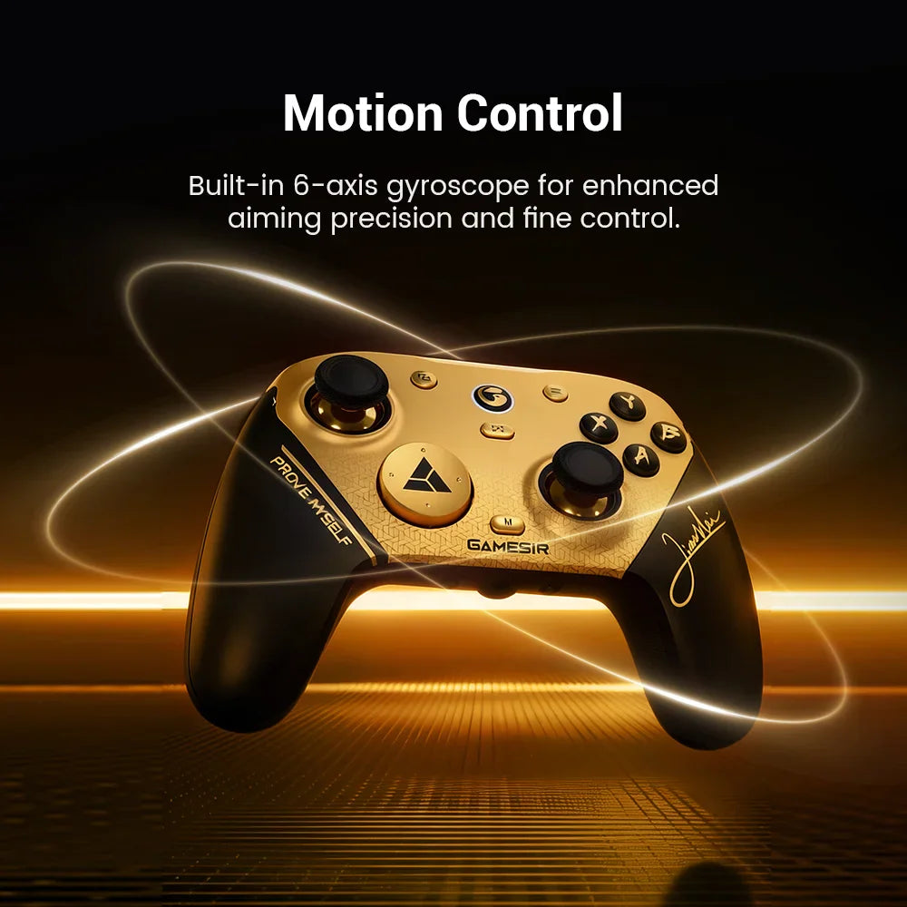 Golden PC gaming controller showing motion control gyroscope feature