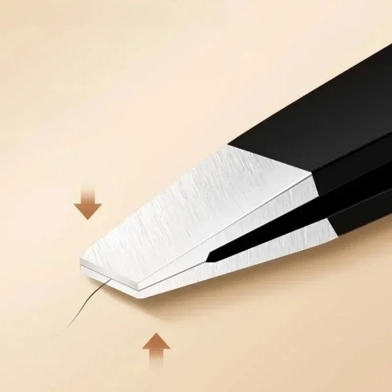 Close-up of stainless steel tweezers with arrows showing the precise gripping action for hair removal