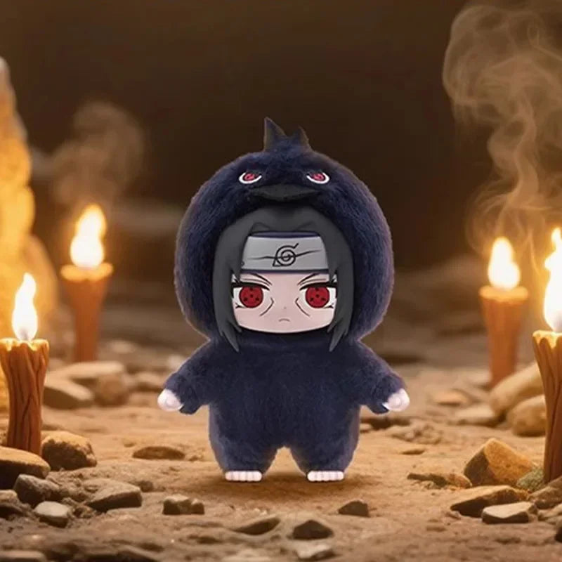 Black anime character plush toy standing in a room with candles