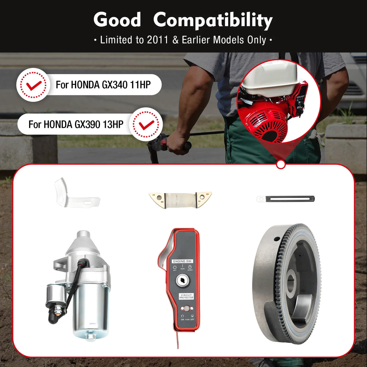 Electric start kit for 11HP and 13HP engines with flywheel, starter motor and switch box