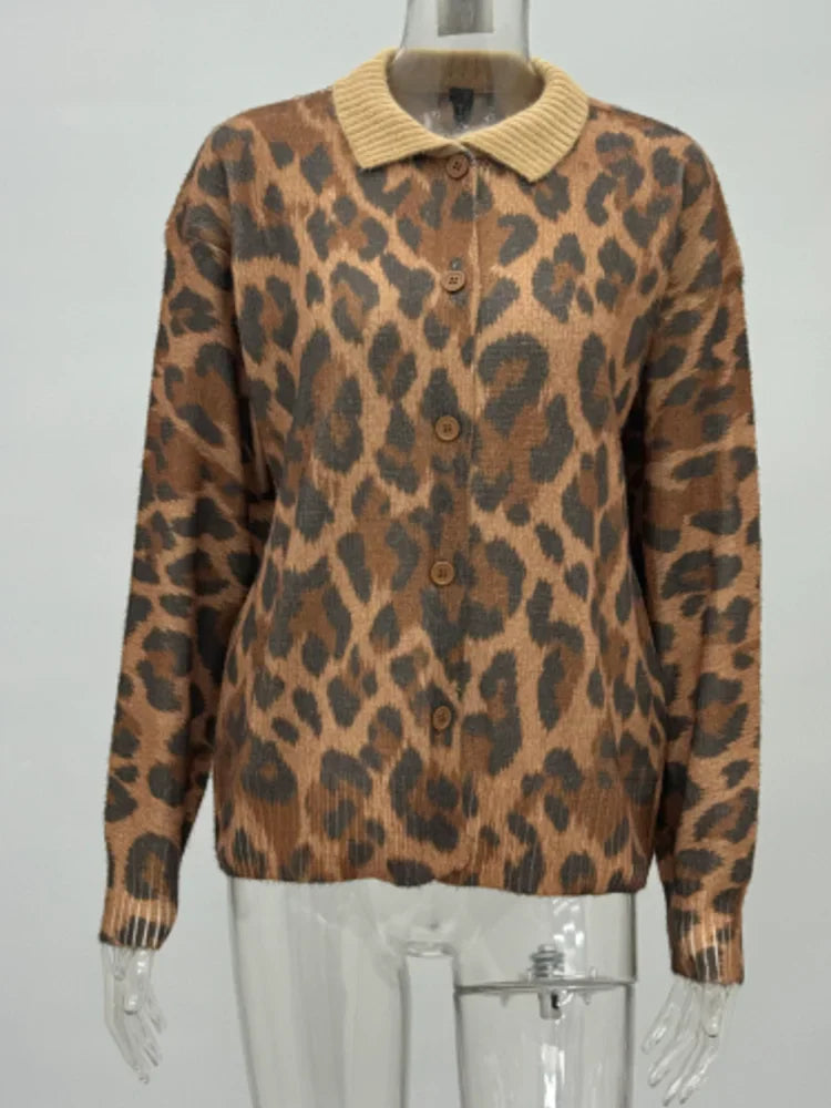 Leopard print button-down knit cardigan on a transparent mannequin torso