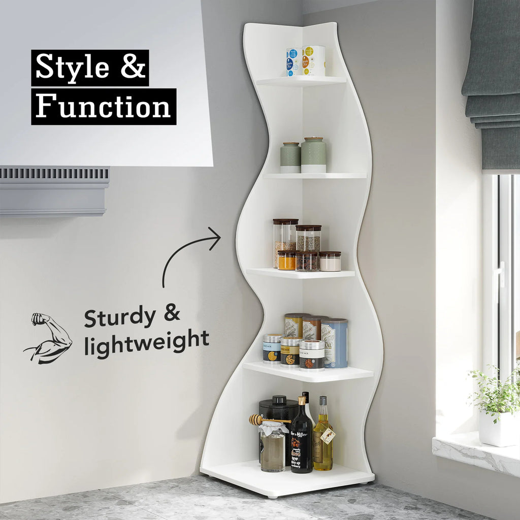 White 5-tier wavy corner shelving unit used as a kitchen storage rack with jars and bottles