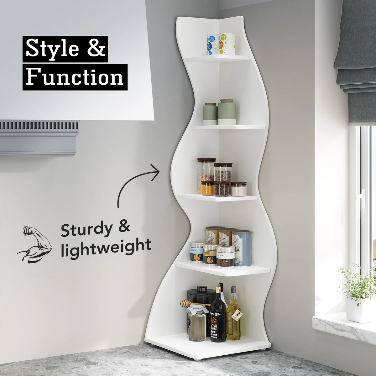 White 5-tier wavy corner shelving unit used as a kitchen storage rack with jars and bottles