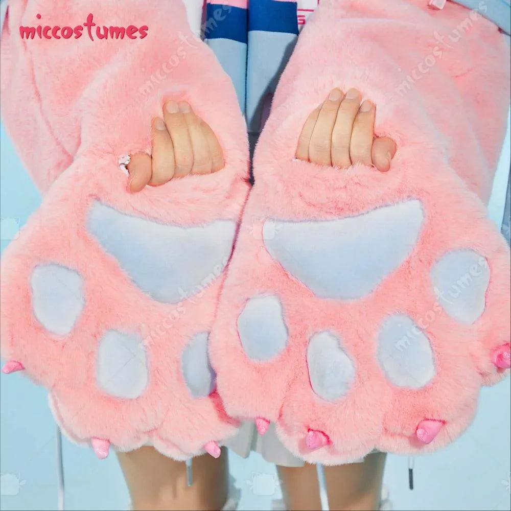 Close up of fur cat paw gloves attached to a pink cosplay hoodie