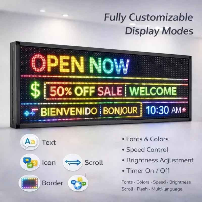 LED scrolling message display showing various fonts, colours and operational modes
