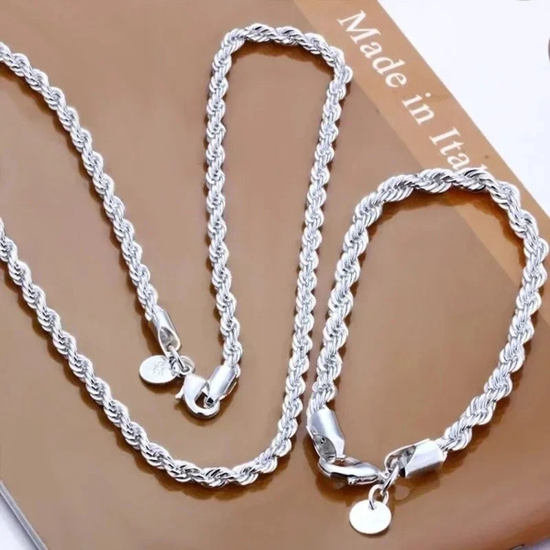 Sterling silver rope chain necklace and bracelet set