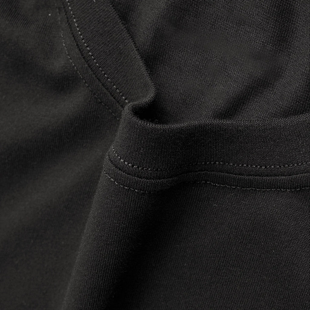 Close up of the neckline and collar stitching of a black t-shirt