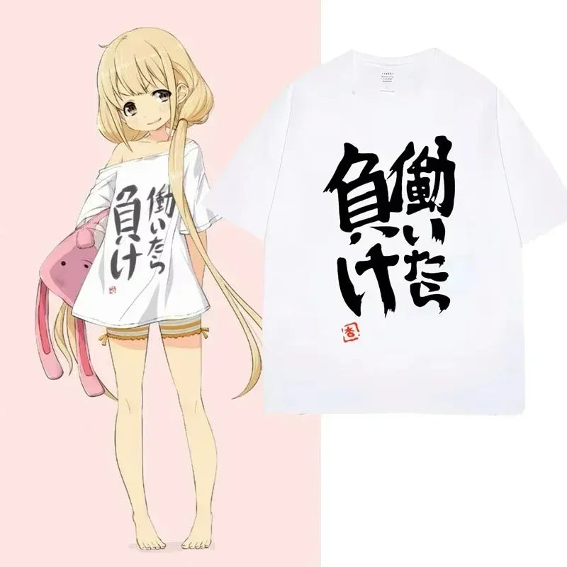 White unisex t-shirt featuring Japanese kanji print with anime character illustration