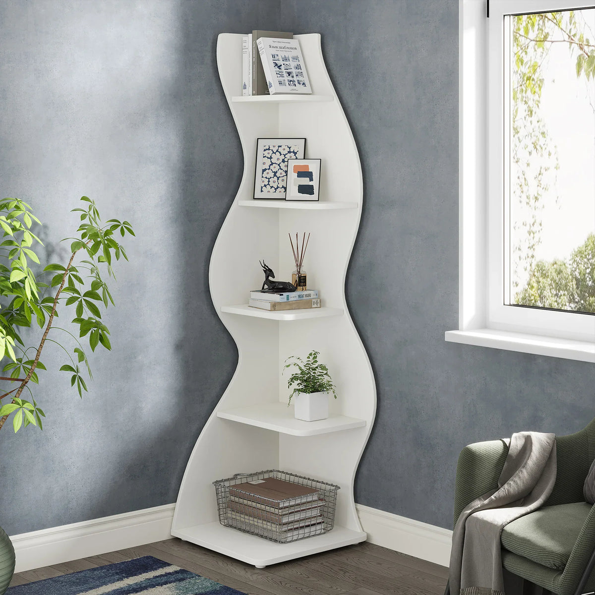 White 5-tier wavy corner shelving unit decorated with books and plants in a living room