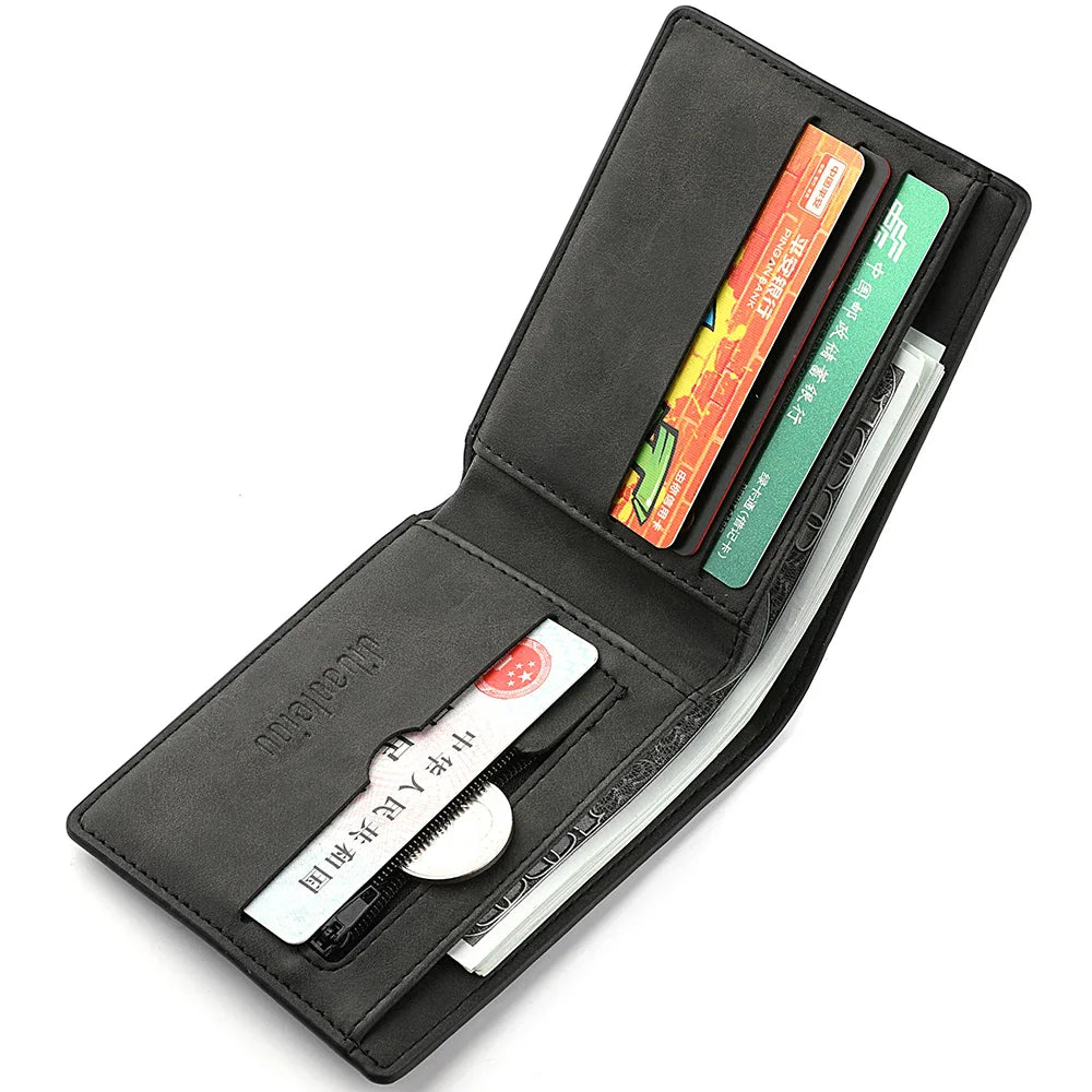 Open black bi-fold wallet showing interior card slots and compartments
